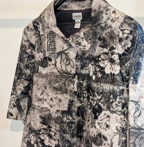CHICO'S BLACK AND WHITE FLORAL BLAZER JACKET